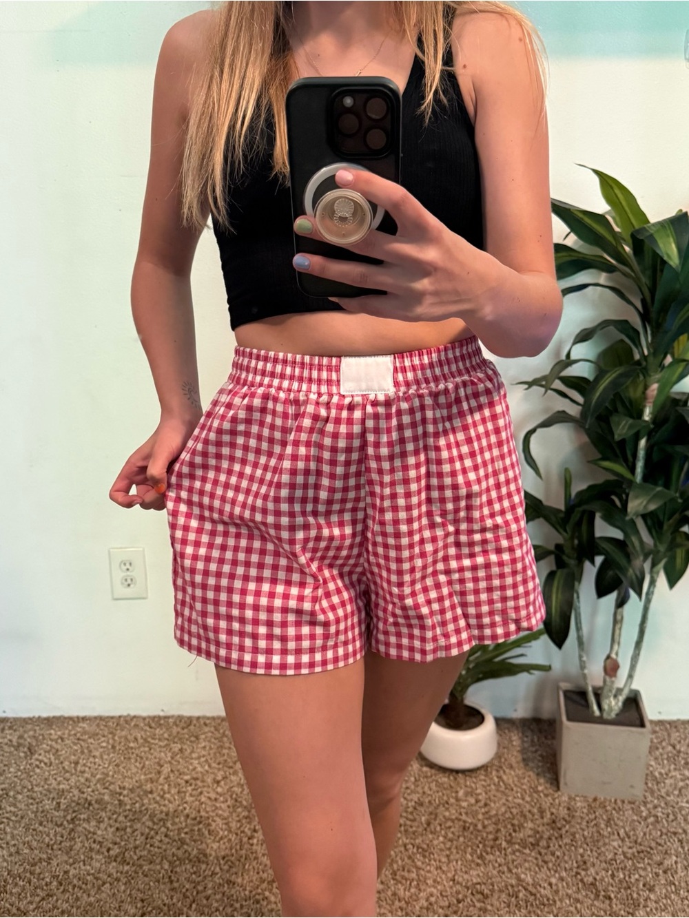 SHEIN Red Gingham Elastic Waist Shorts